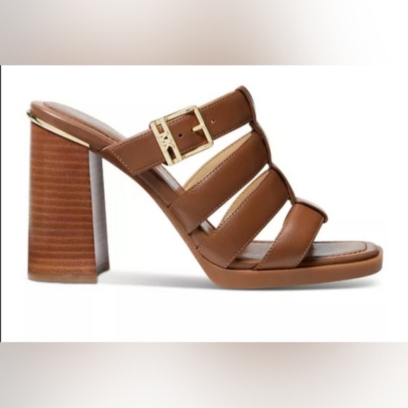 MICHAEL KORS JAGGER Leather Slide Slip On High Heels Brown NEW SZ 9.5 - Picture 2 of 16